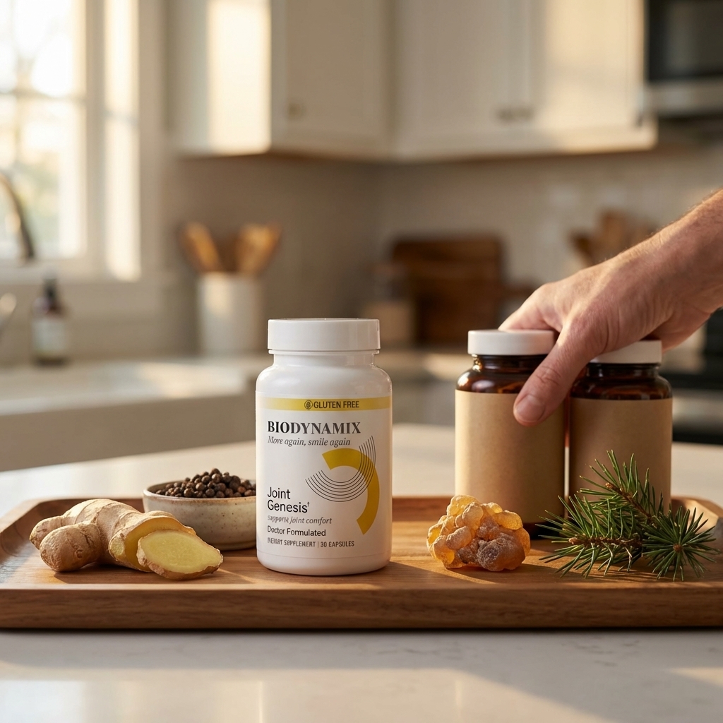 Joint Genesis bottle centered on a sunlit tray while extra supplement bottles are pushed aside