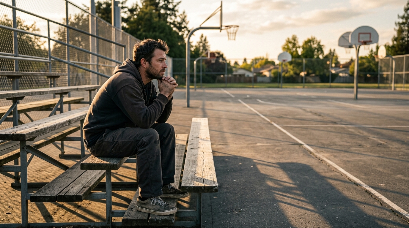man reflecting on basketball court bleachers