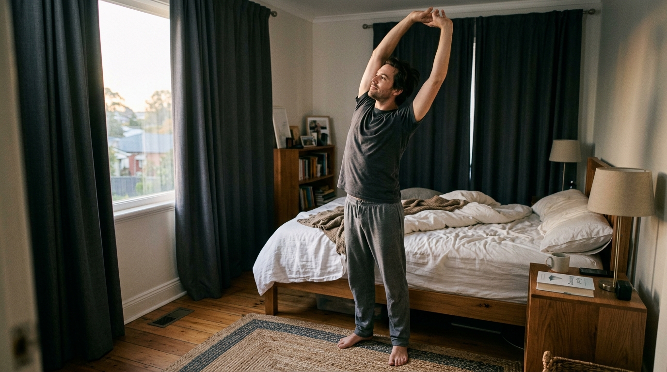 man stretching in optimized bedroom environment