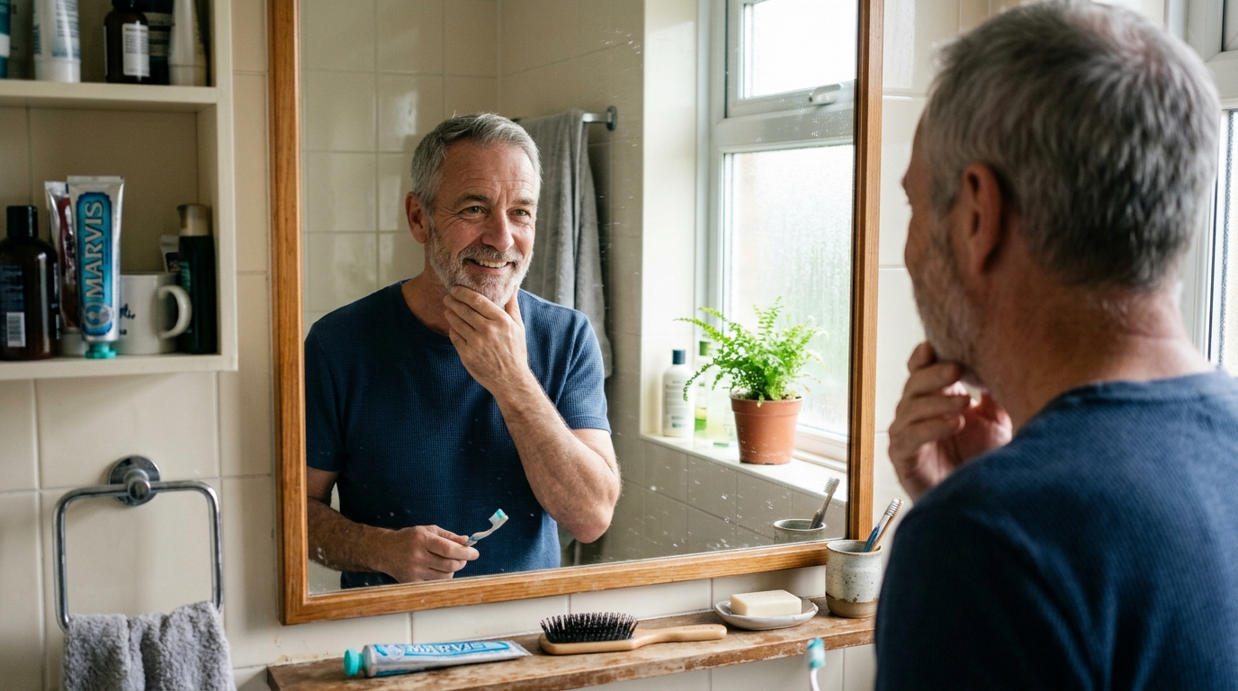 man looking confidently in bathroom mirror