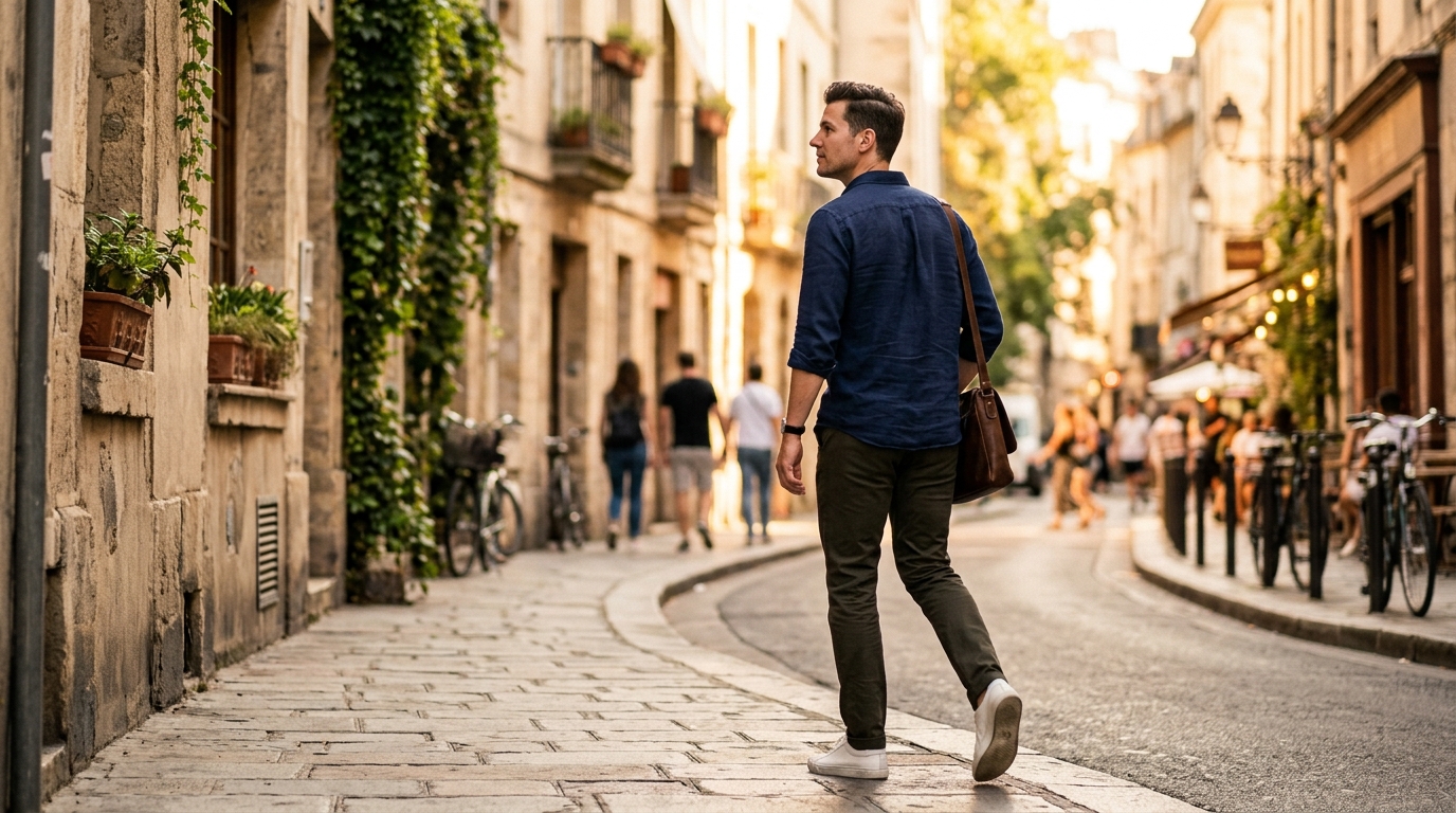 man walking confidently in golden hour light