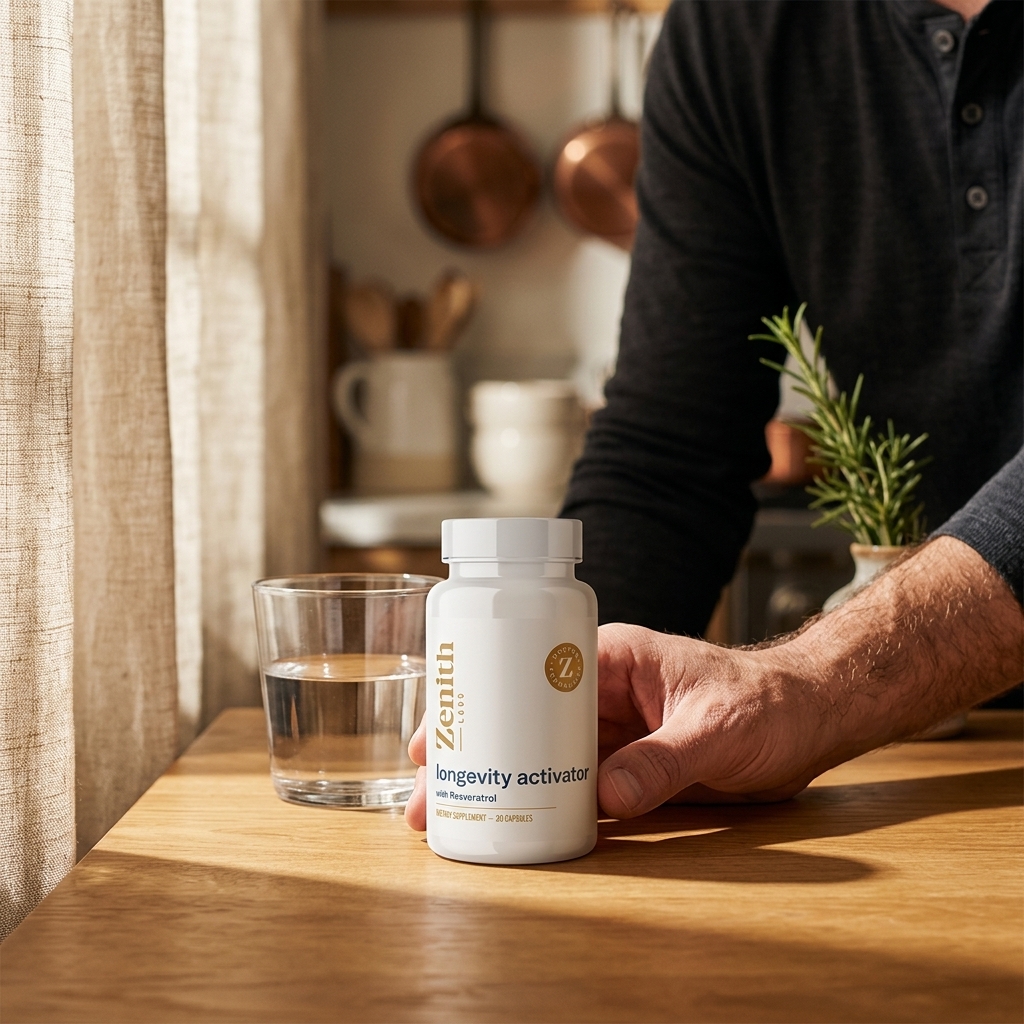 Longevity Activator bottle in warm morning light on oak surface