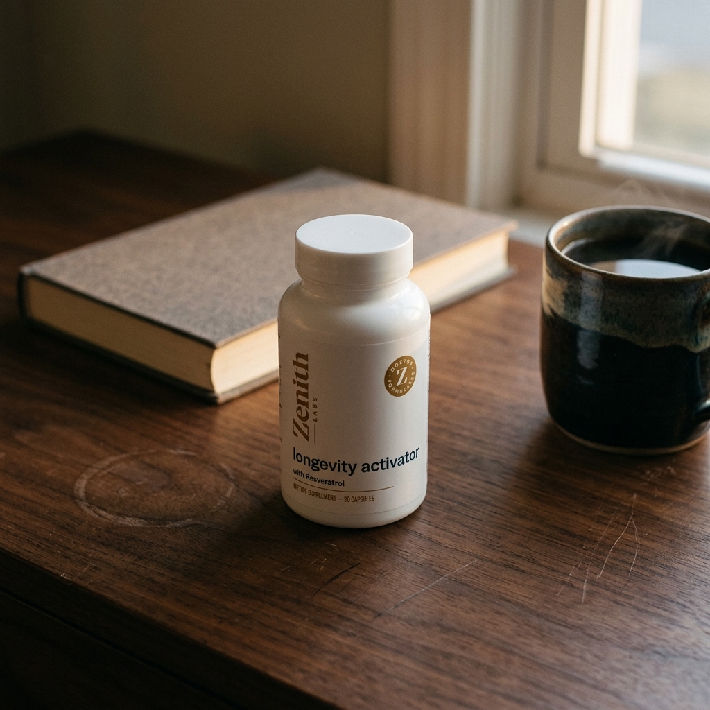 Longevity Activator bottle on walnut desk in late afternoon light