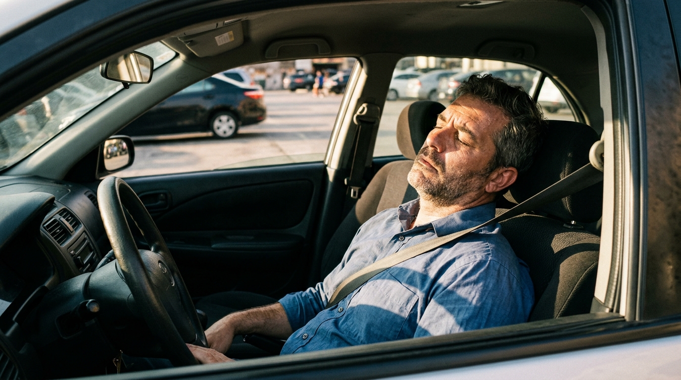exhausted man sitting in car afternoon