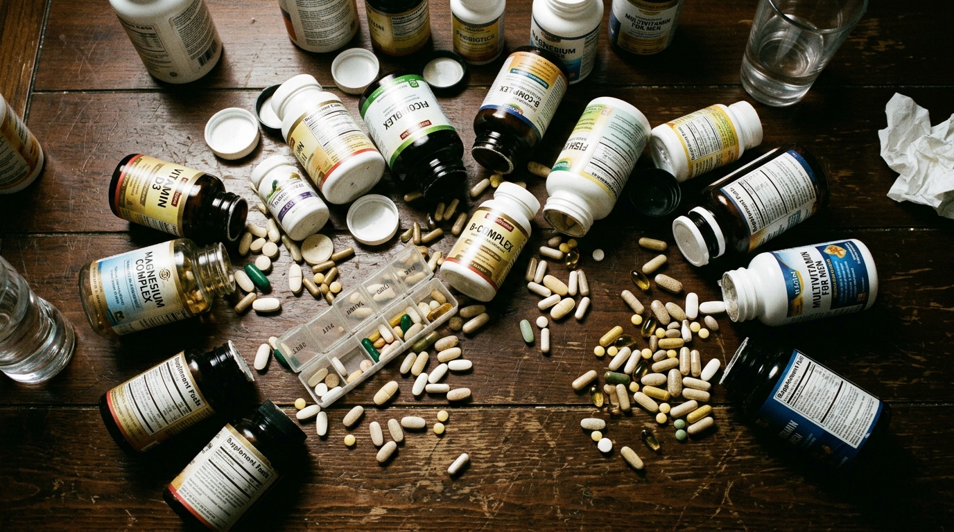 scattered vitamin bottles supplements on table