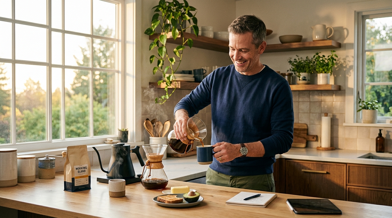 man making coffee kitchen morning light