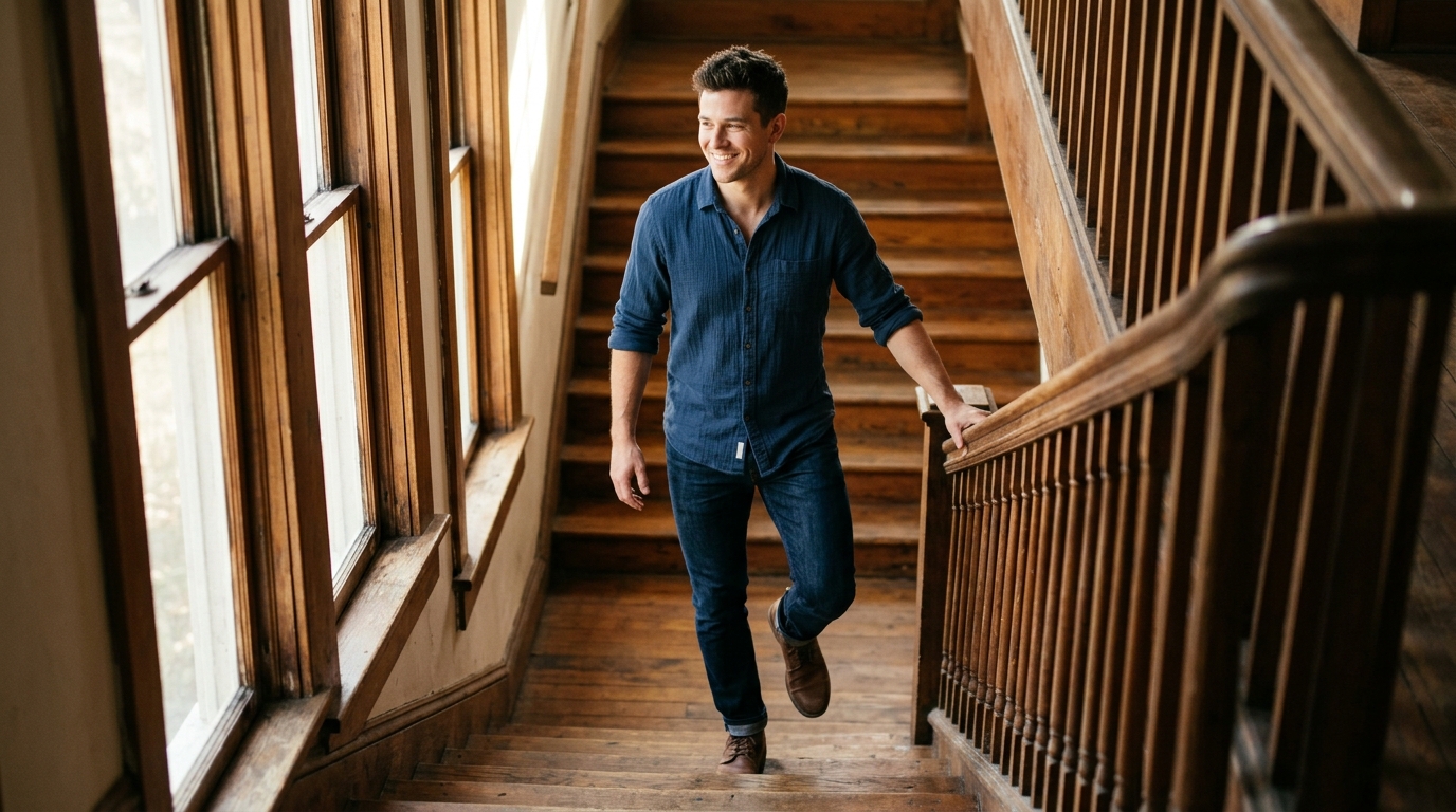 man climbing stairs with natural energy