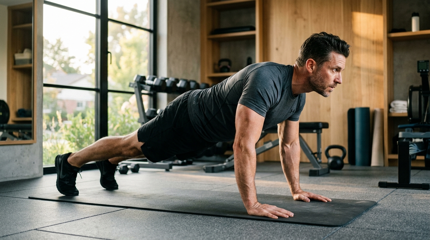 man exercising pushups home gym profile