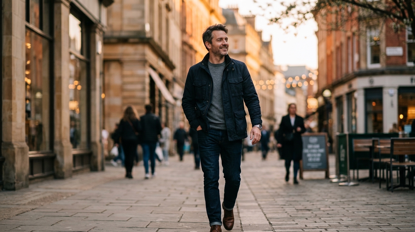 confident man walking city street golden hour