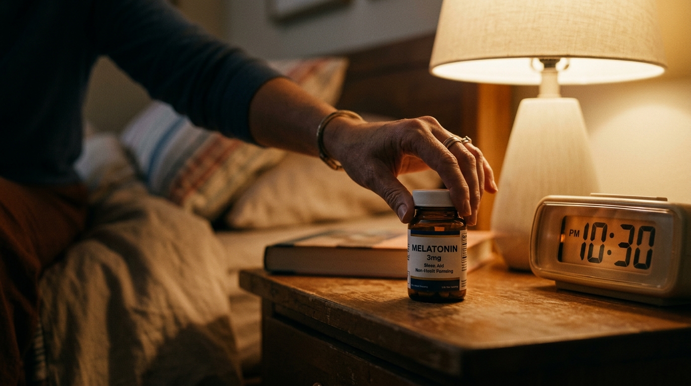 hand reaching for melatonin supplement bottle