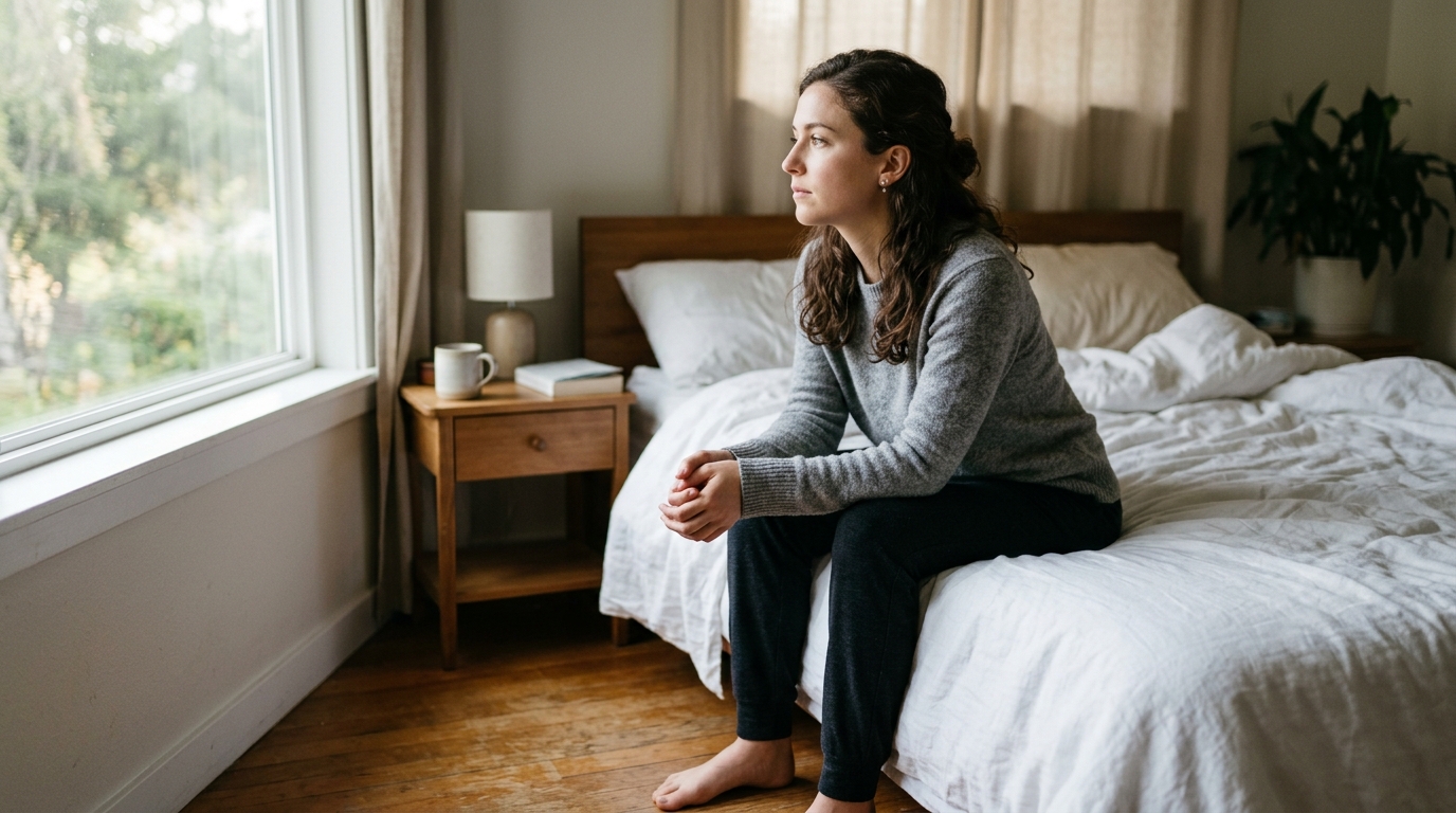 woman contemplating sleep solutions thoughtfully