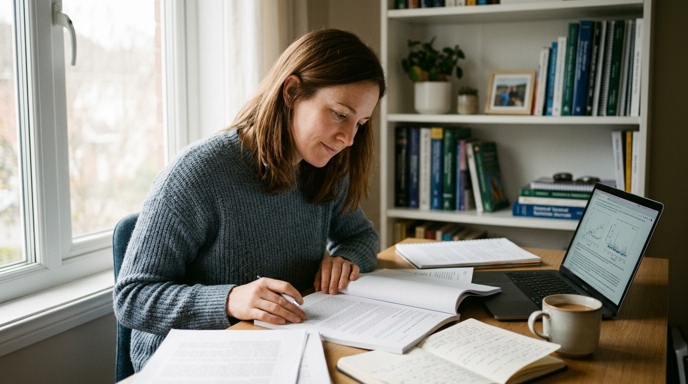 woman researching supplement science at organized desk