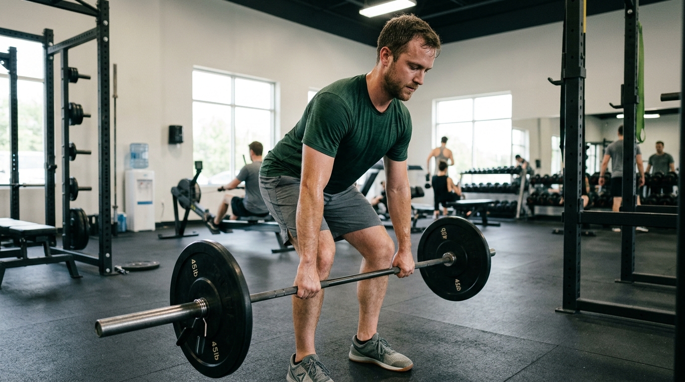 man exercising with focused sustainable intensity in gym