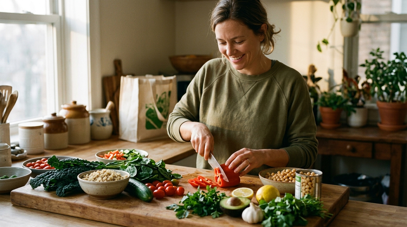 woman preparing balanced meal with fresh whole ingredients