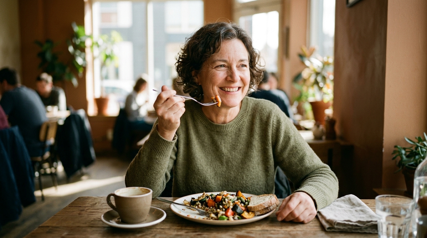 woman eating comfortably without food anxiety or timing rules