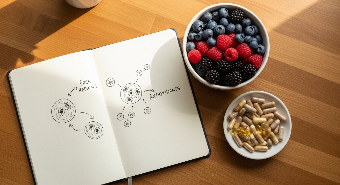 Notebook with a hand-drawn cell diagram beside berries and capsules on a kitchen table.
