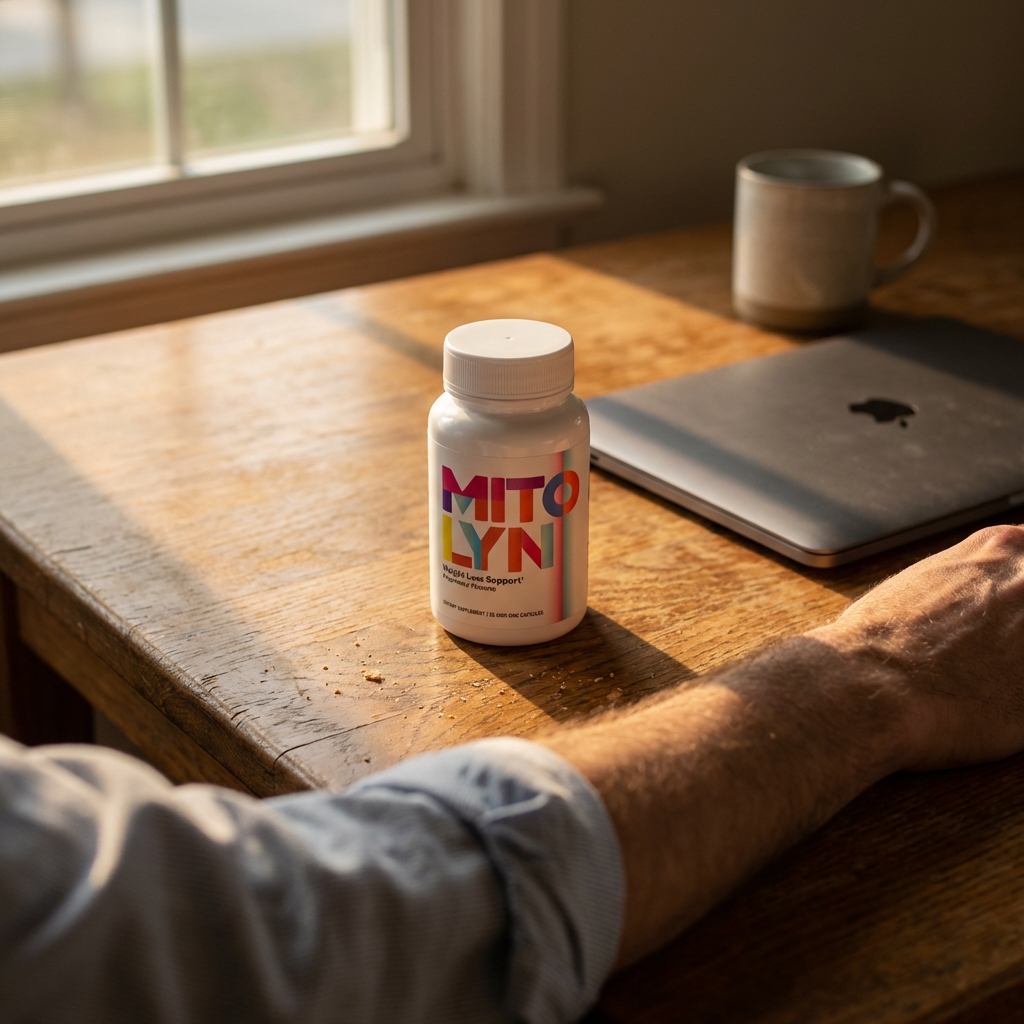 Mitolyn bottle on oak desk in golden afternoon light
