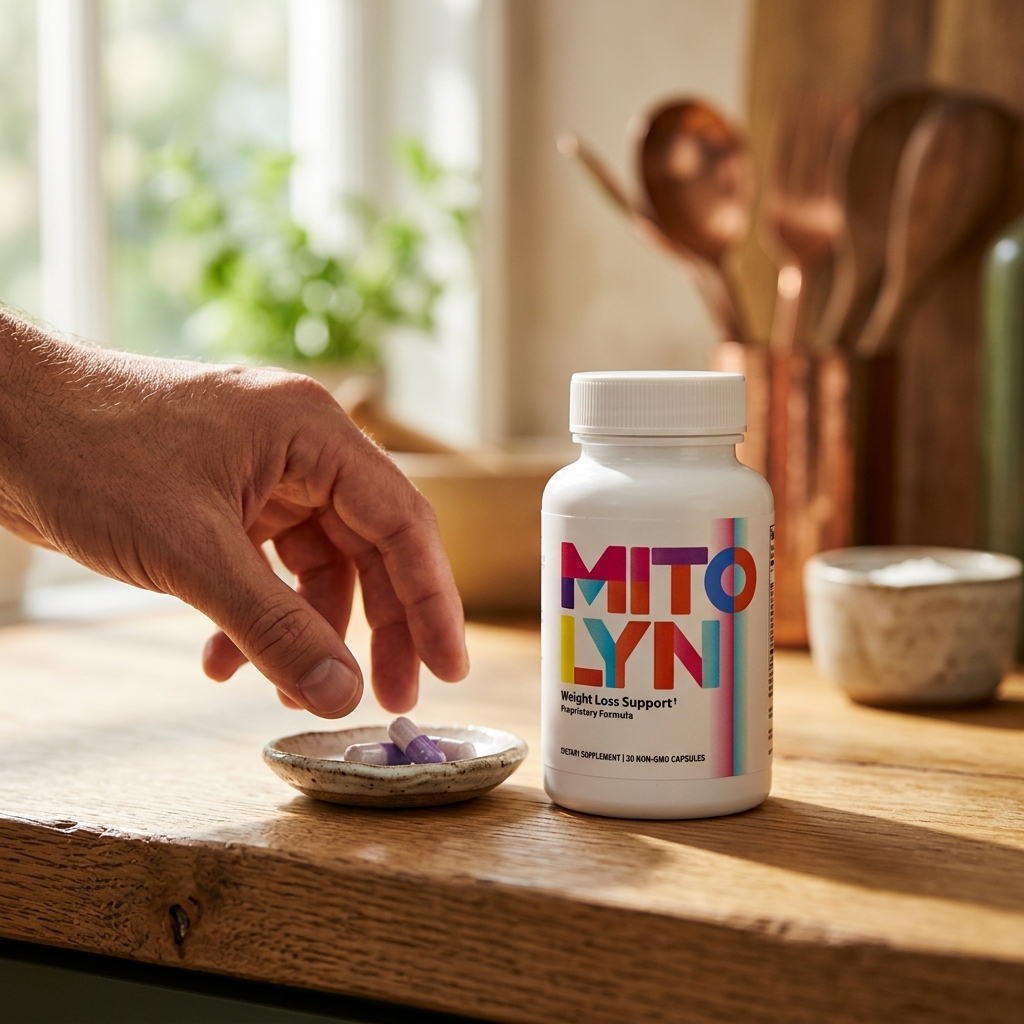 Mitolyn bottle on oak countertop in warm morning light