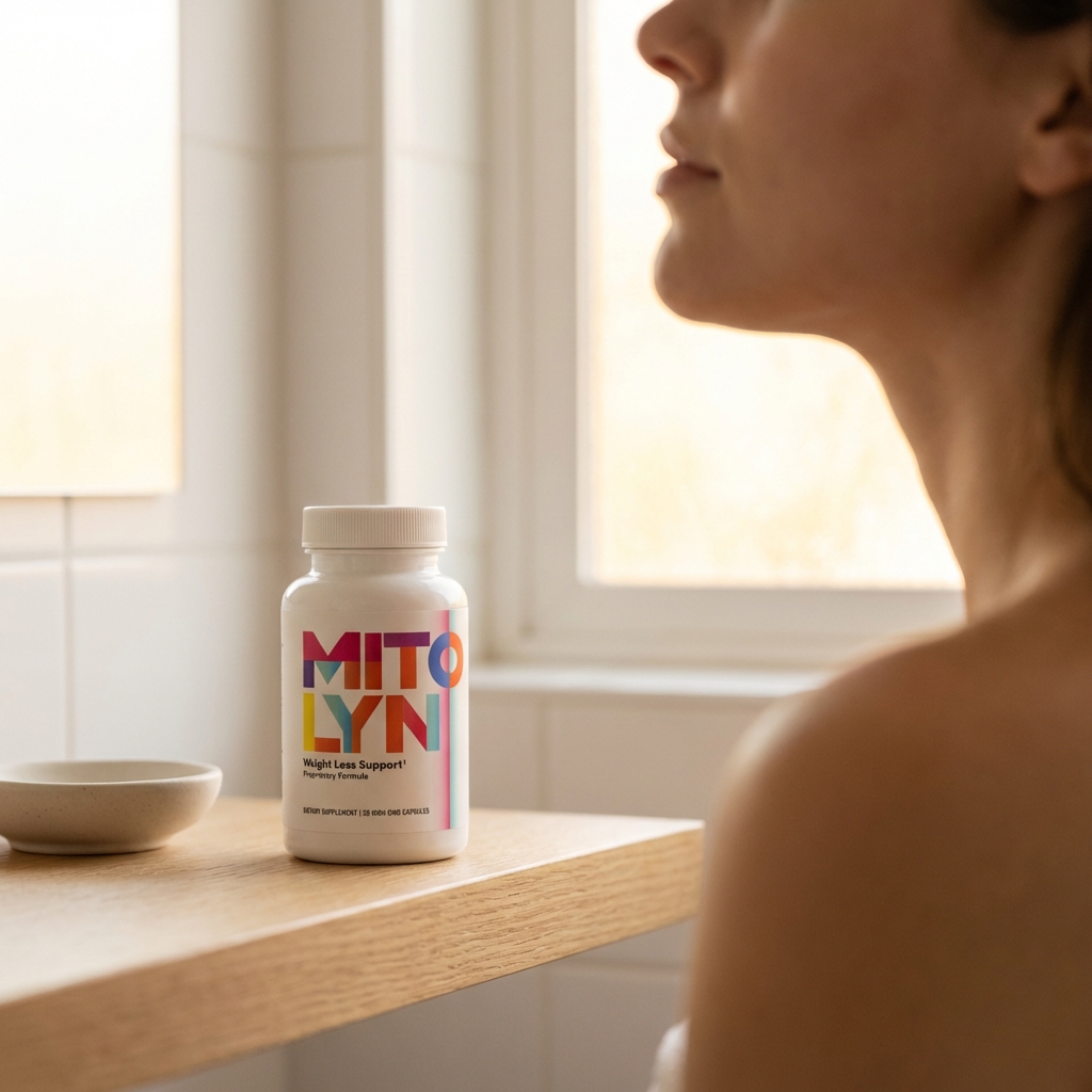 Mitolyn bottle on a clean shelf with soft morning light
