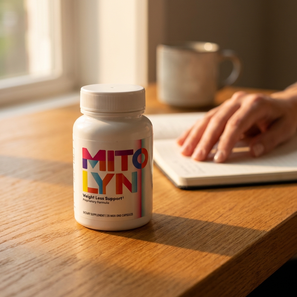 Mitolyn bottle on warm desk in golden afternoon light