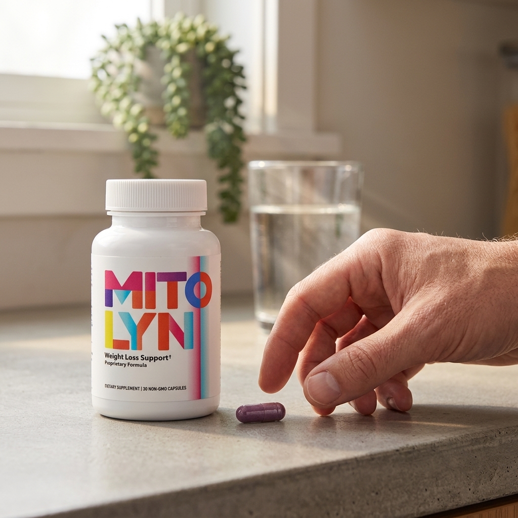 Mitolyn bottle and purple capsule on kitchen counter in morning light