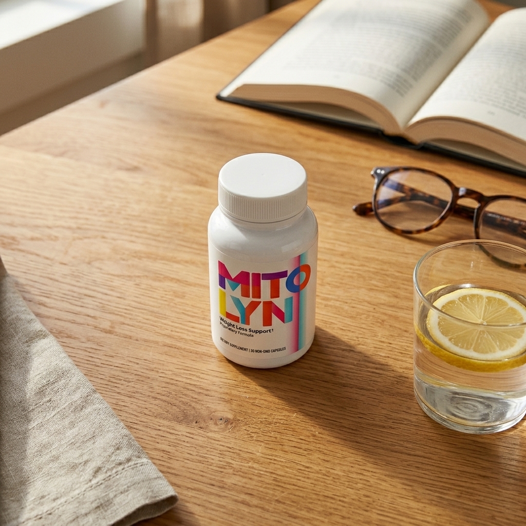 Mitolyn bottle on oak desk with book and reading glasses