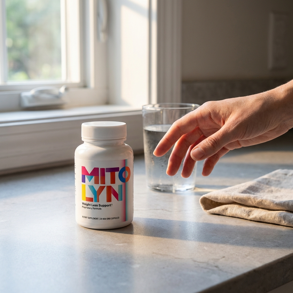 Mitolyn bottle on kitchen counter with hand reaching in morning light