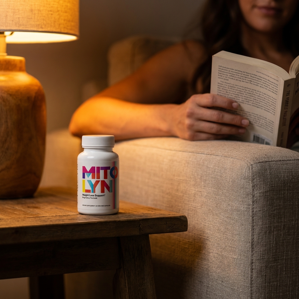 Mitolyn bottle on side table with woman reading in soft evening light