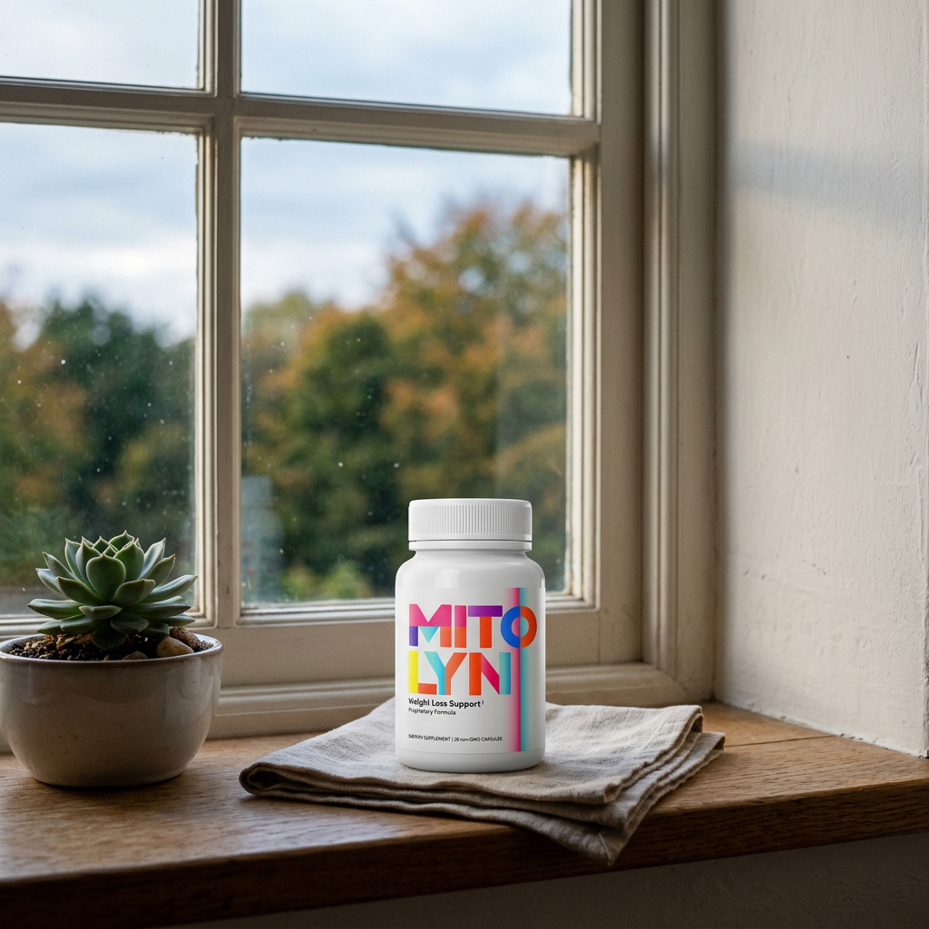 Mitolyn bottle on a wooden window shelf in soft afternoon daylight