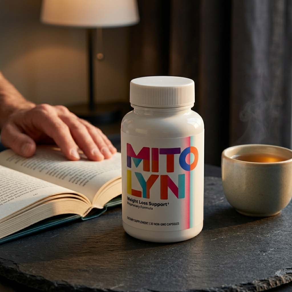 Mitolyn bottle on slate surface beside a book and tea in evening light