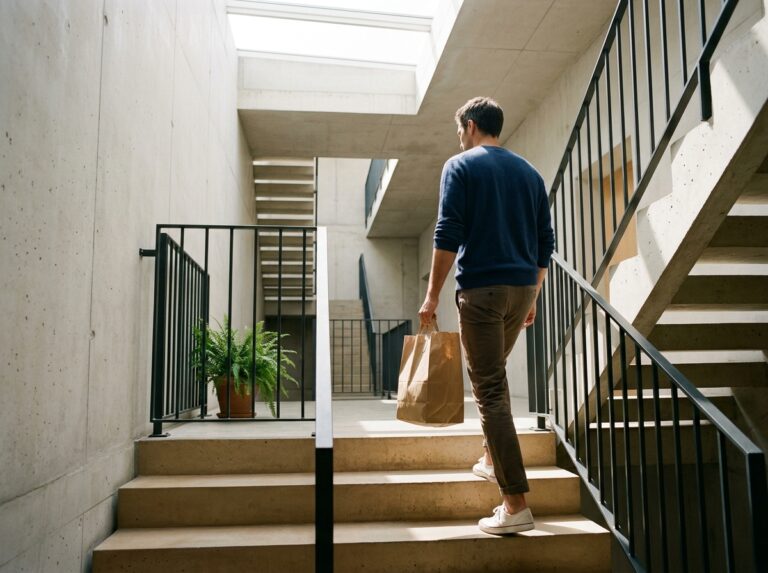 Man carrying groceries up a sunlit stairwell in relaxed stride