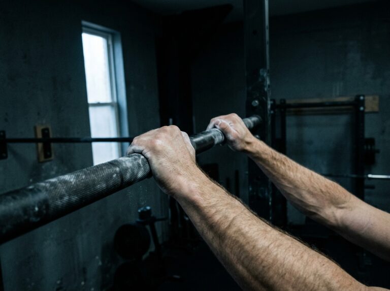 Chalked hands gripping a steel pull-up bar in early morning gym light