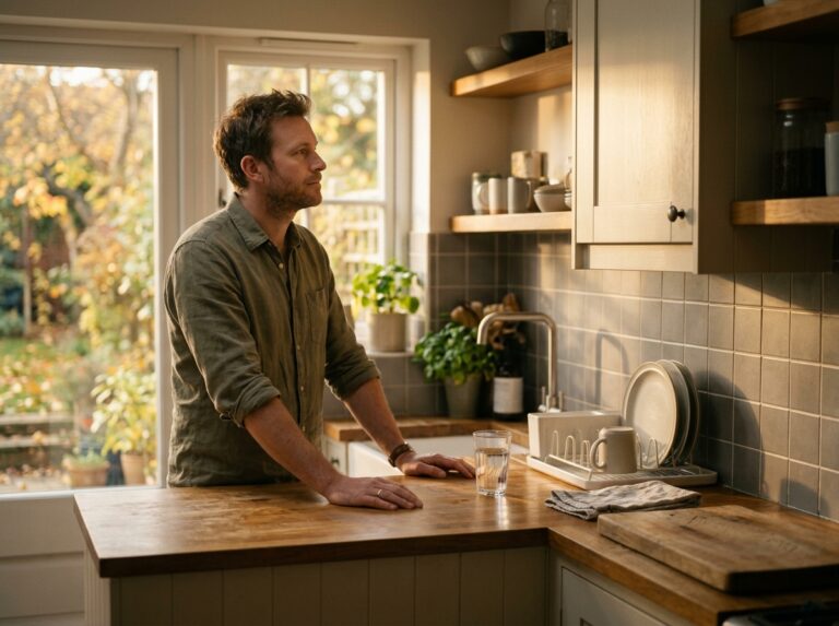 Man standing calmly at kitchen counter in late afternoon light