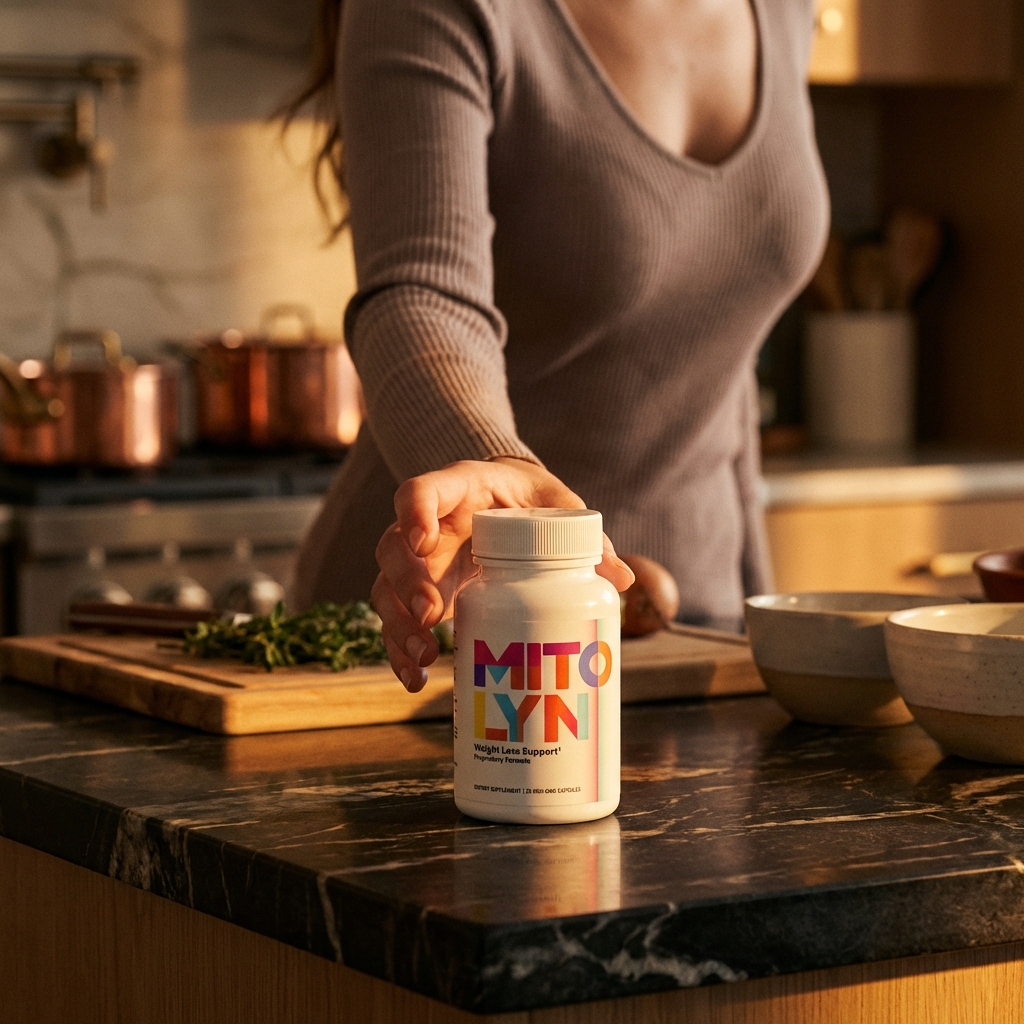 Mitolyn bottle on kitchen counter in golden hour light with hand reaching