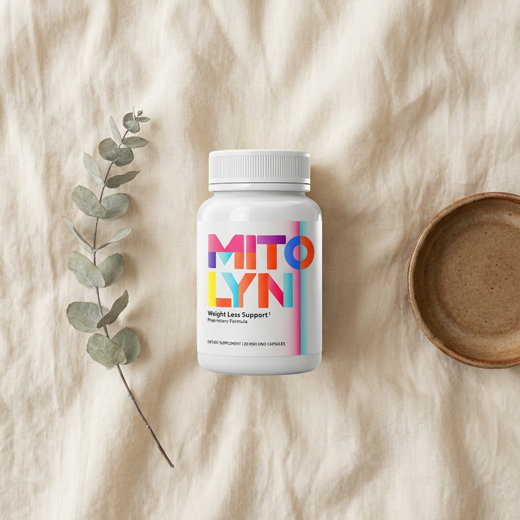 Mitolyn bottle on linen bedsheet overhead editorial view