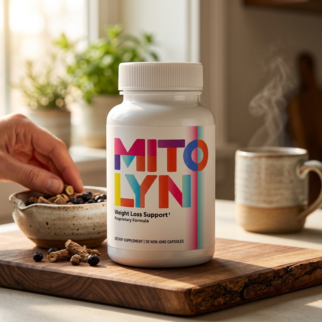 Mitolyn bottle on walnut board with dried herbs in morning light