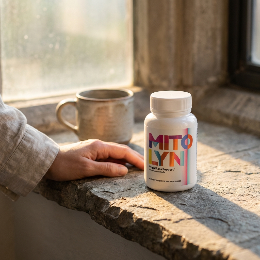 Mitolyn bottle on sunlit windowsill with morning light
