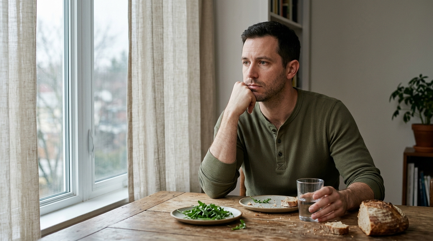 Man resting chin on hand at a dining table in flat afternoon light