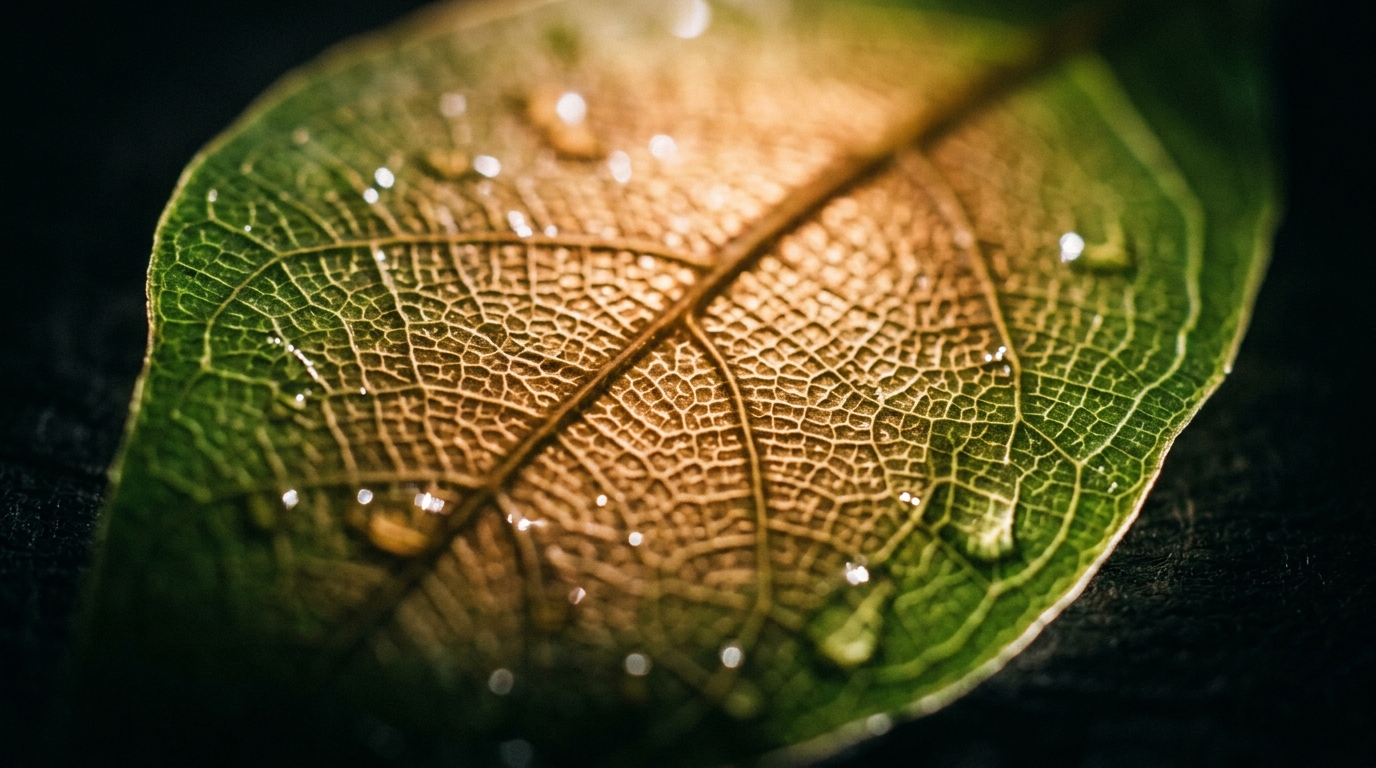 Macro photograph of backlit leaf showing cellular structure