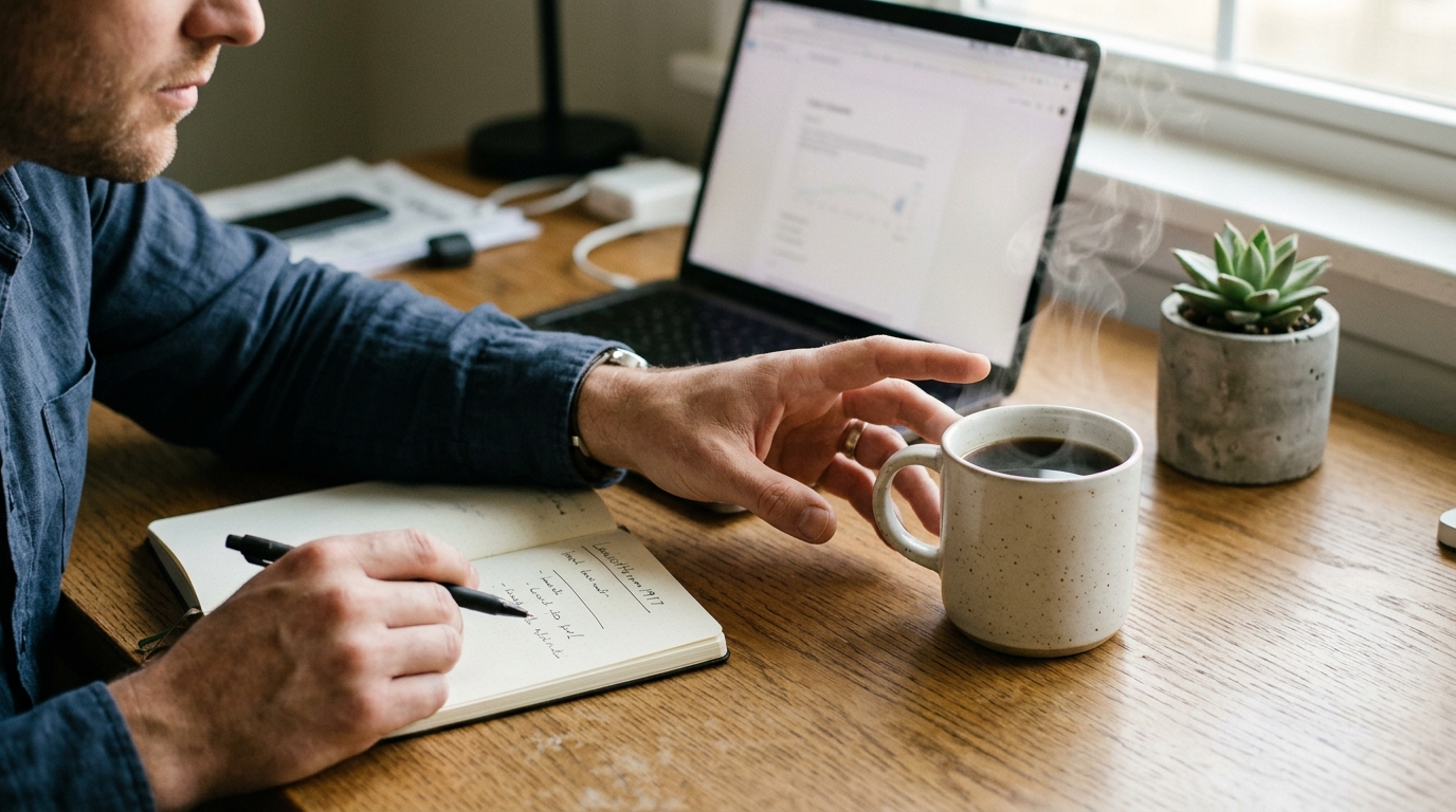 Hand pushing a full coffee mug aside on a wooden desk in morning light