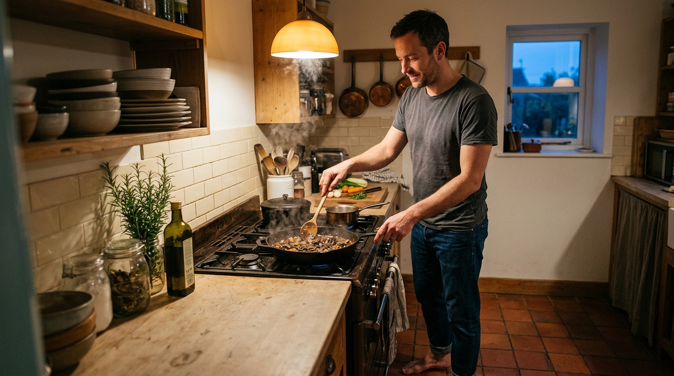 Man cooking at a gas stove in a warm kitchen at dusk
