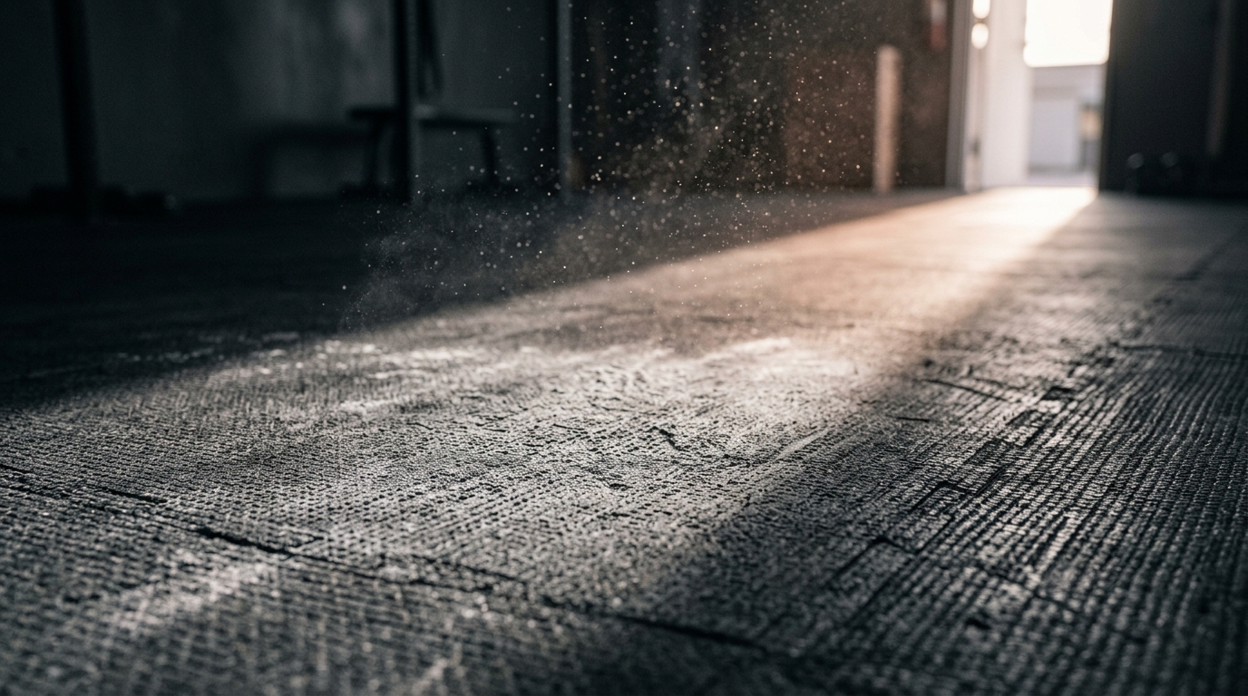 Chalk dust settling on black gym floor in a shaft of morning light