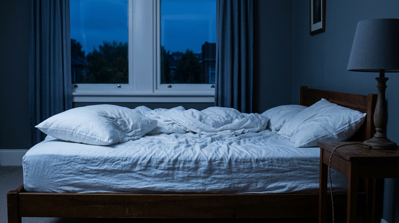 Unmade white linen bed in blue pre-dawn light