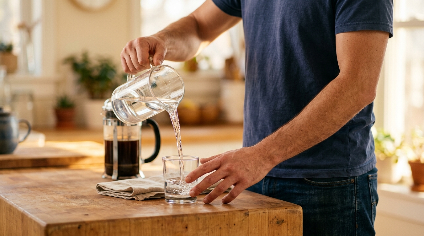 Hands pouring water into glass on kitchen counter in morning light