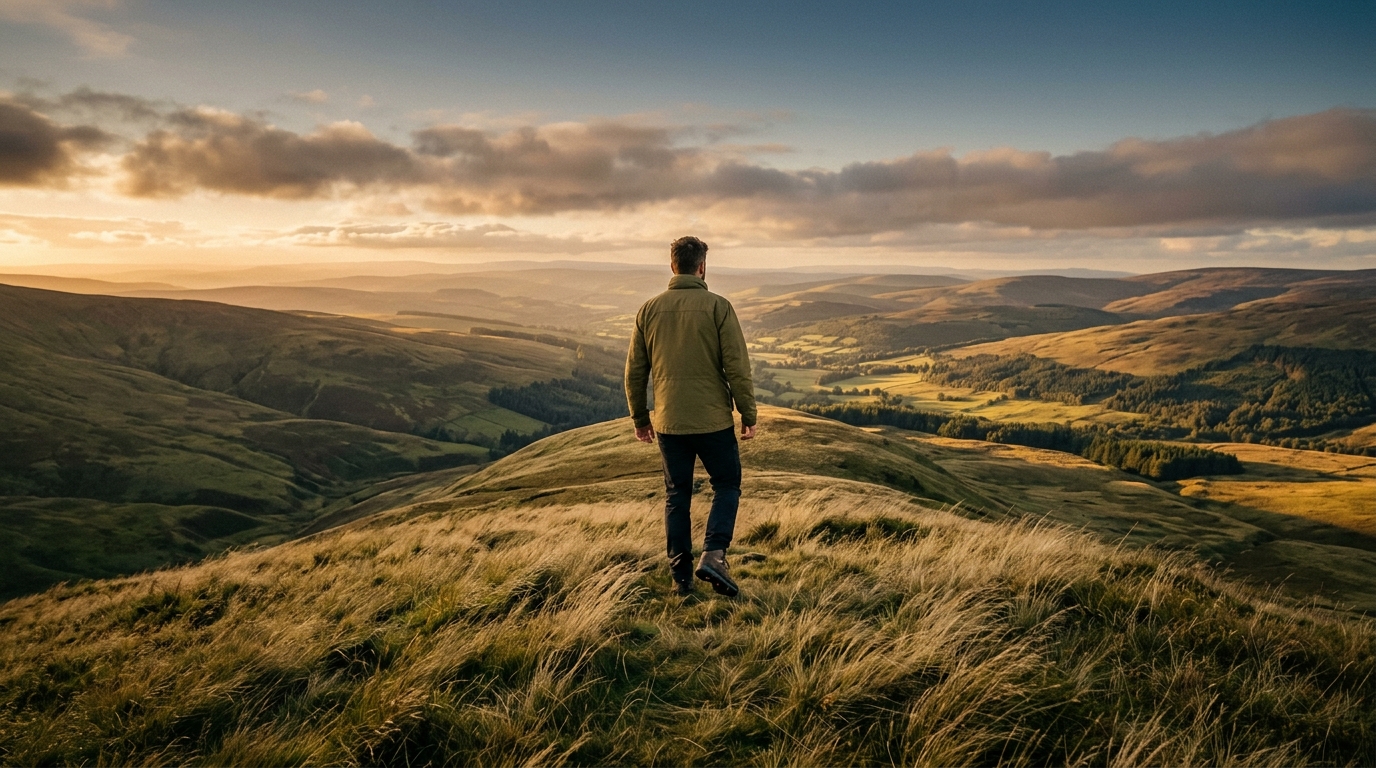 Man standing at the crest of a grassy hill at golden hour looking out