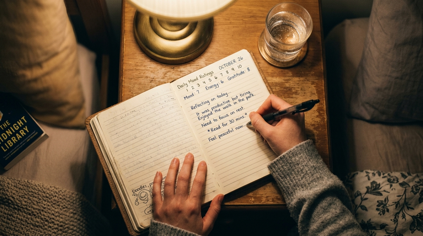 hands writing mood tracking notes in bedside journal