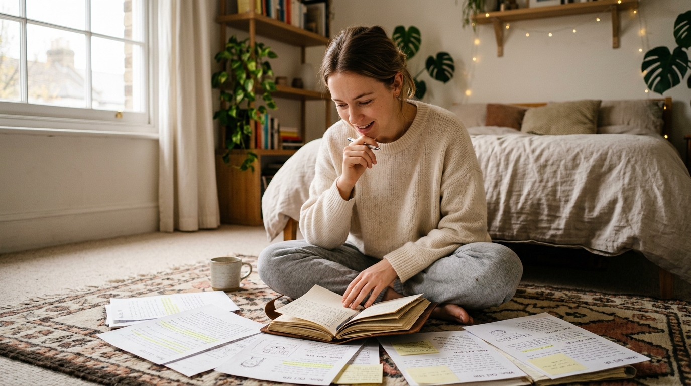 woman reviewing week of mood and sleep journal entries