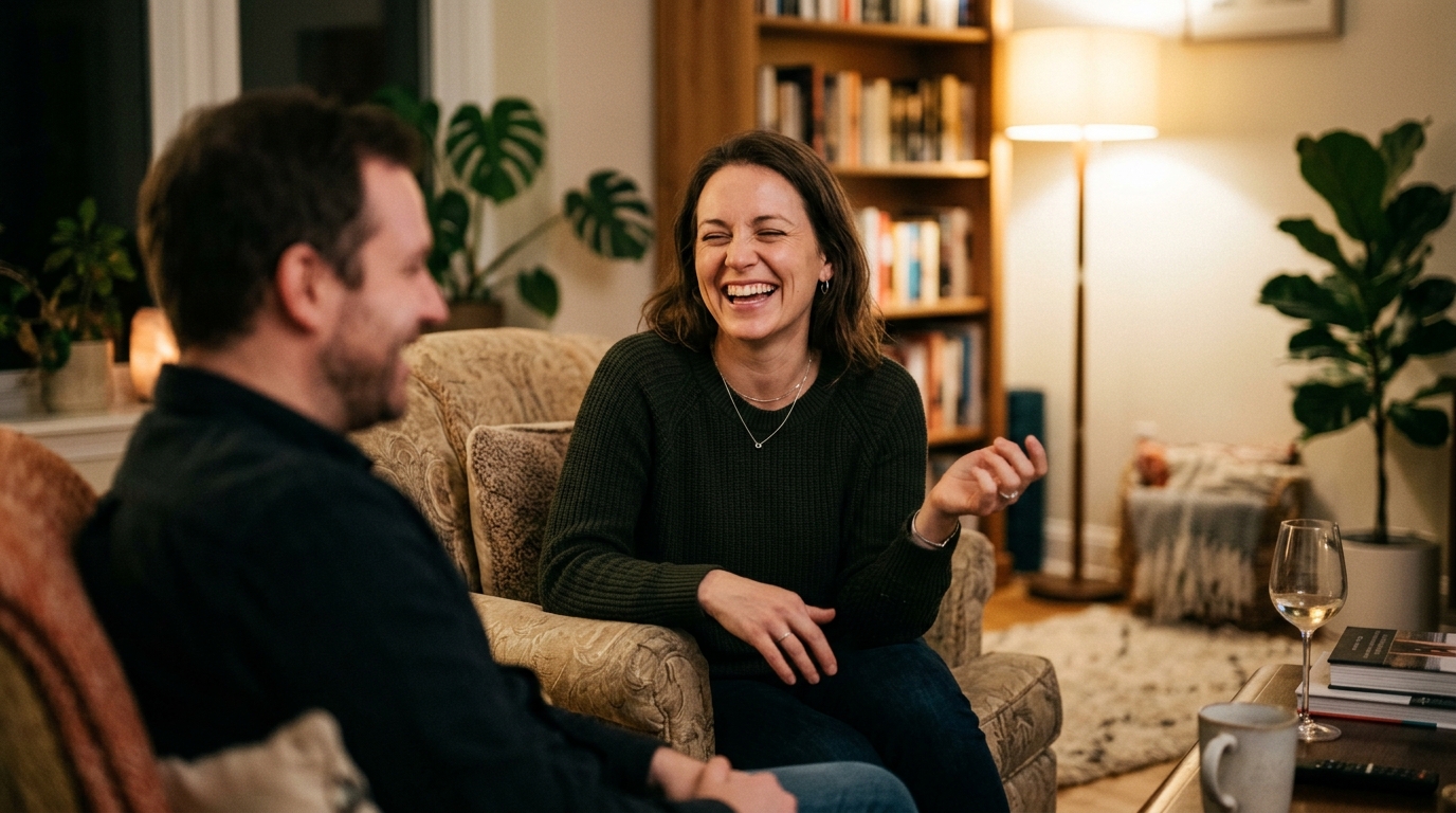 woman laughing naturally during evening conversation at home