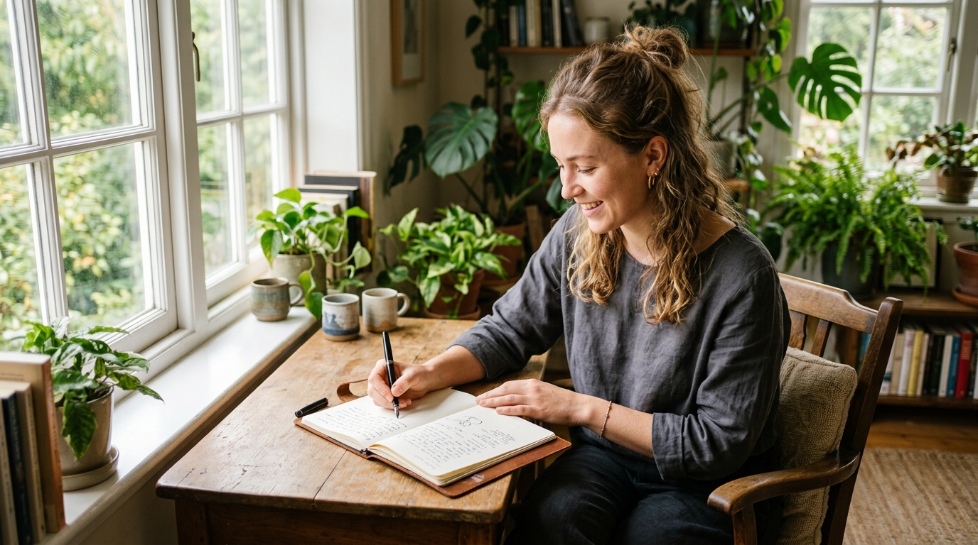 woman writing creatively in journal by bright window