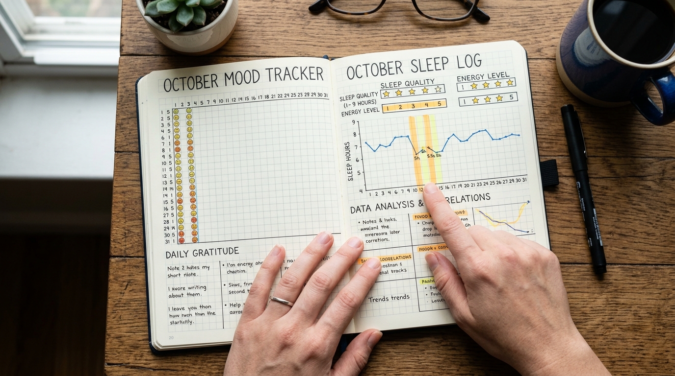 month of mood and sleep tracking data spread across journal pages